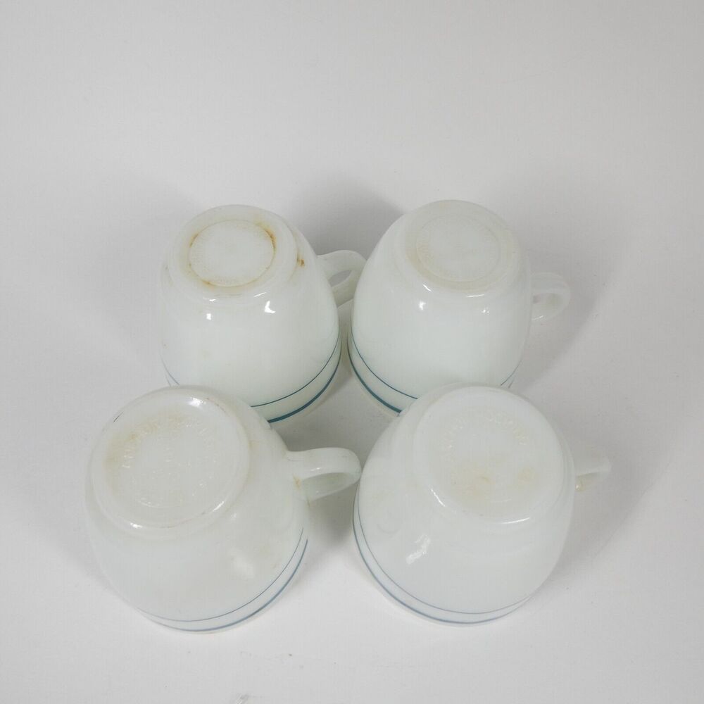 Anchor Hocking Anchorware 4 Teal Blue Stripe Coffee Mugs 910 Cups Vtg Milk Glass - Picture 10 of 14